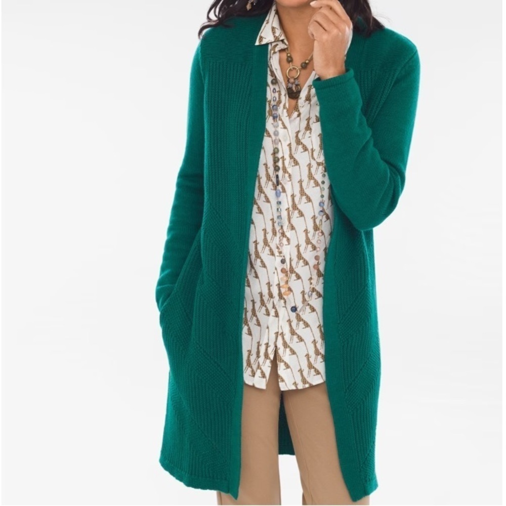 Chicos Women SZ 0 US S Green Open Front Longline Mixed Stitch Sweater Cardigan